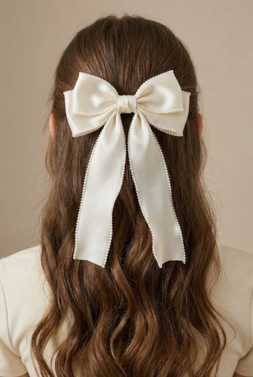 clamă păr fetițe, fundă organza elegantă, accesorii păr fetițe, clamă păr evenimente, fundă cu mărgele, accesorii păr sărbători, clamă cadou fetițe