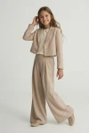 set elegant fetițe Emi bej, top cu mâneci din tul și fustă, ținută Mir