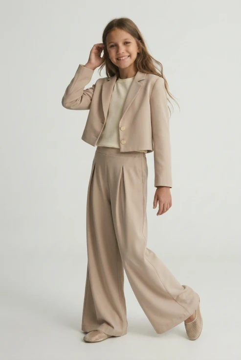 set elegant fetițe Emi bej, top cu mâneci din tul și fustă, ținută Mir