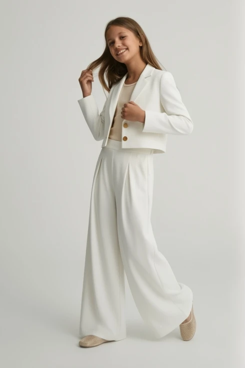 set elegant fetițe Emi alb, top cu mâneci din tul și fustă, ținută Mir