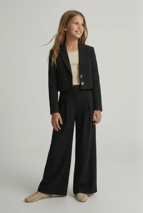 set elegant fetițe Emi negru, top cu mâneci din tul și fustă, ținută Mir