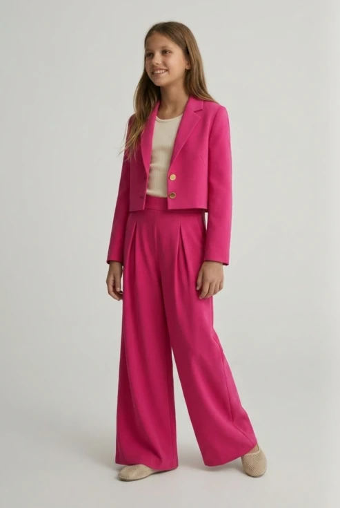 set elegant fetițe Emi fucsia, top cu mâneci din tul și fustă, ținută Mir