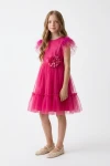 Rochie fucsia din tul pentru fete, croi evazat de ocazie