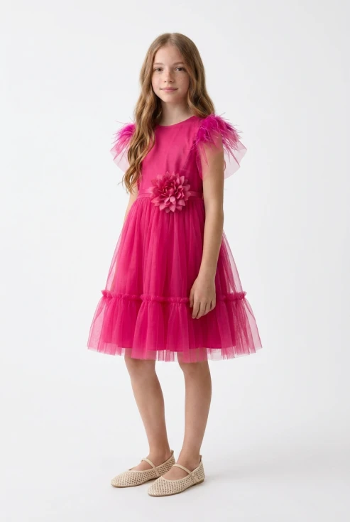 Rochie fucsia din tul pentru fete, croi evazat de ocazie