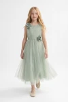 Rochie de ocazie verde salvie cu aplicații florale 3D