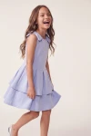 Rochie Harper albastru deschis în mișcare – fusta în două straturi, din lateral