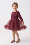 Rochie Iga bordo – din față, fusta evazată din tul cu volan