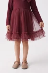 Rochie Iga bordo – partea din față a fustei din tul, cu volan la tiv