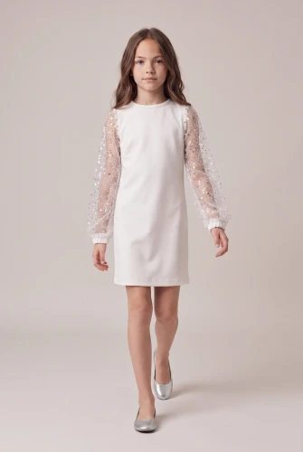 Rochie elegantă pentru fetițe Vivienne albă, cu mâneci din tul cu paiete – pentru Prima Împărtășanie și nuntă