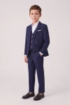 Costum pentru băiat Liam bleumarin – sacou, vestă și pantaloni, din semiprofil