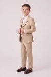 Costum pentru băiat Liam bej – sacou descheiat și vestă cu nasturi, din față, unghi de trei sferturi