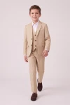 Costum pentru băiat Liam bej – sacou descheiat, vestă cu nasturi și pantaloni, din față