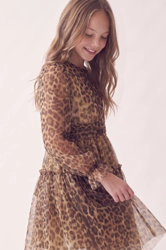 Rochie de ocazie pentru fete Holly imprimeu leopard, cu mâneci din tul – pentru zi de naștere și petrecere
