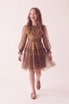 Rochie Holly cu imprimeu leopard – mâneci lungi din tul și bandă încrețită în talie, din față