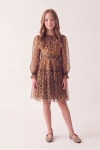 Rochie Holly cu imprimeu leopard, deasupra genunchiului, cu mâneci lungi din tul – siluetă din față