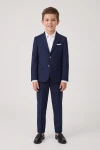 Costum pentru băiat Sam bleumarin – sacou cu doi nasturi și pantaloni cu dungă, din față, siluetă întreagă