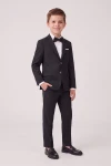 Costum pentru băiat Sam negru – sacou, pantaloni și papion, din față, siluetă întreagă