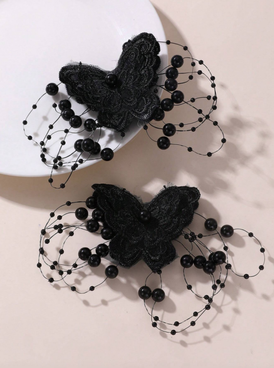agrafe păr fetițe, agrafe elegante, accesorii păr copii, agrafe dantelă, agrafe perle negre, accesorii fetițe ceremonii, agrafe păr ocazii speciale