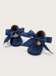 Pantofiori din catifea bleumarin pentru bebeluși cu fundiță de satin
